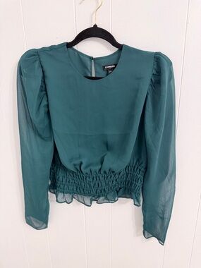 Express Emerald Long-Sleeve Smocked-Hem Blouse